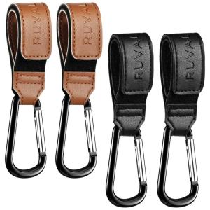 imageRUVALINO Leather Stroller Hooks for Diaper Bag and Stroller Organizer  Stroller Strap with Large Carabiner Clip for Bags  Accessories for Wheelchair Shopping and Pet Cart Black and Brown 4 Pack
