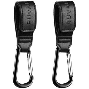 imageRUVALINO Leather Stroller Hooks for Diaper Bag and Stroller Organizer  Stroller Strap with Large Carabiner Clip for Shopping Bags  Accessories for Wheelchair Shopping and Pet Carts Black 2 Pack